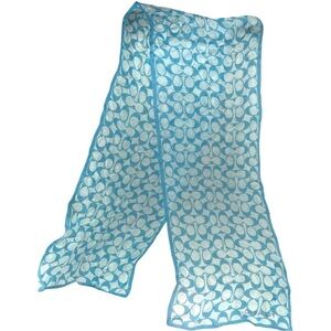 COACH Teal Blue Silky Signature C Scarf w/ Crystal ‘COACH’ Logo ~10”x52”
